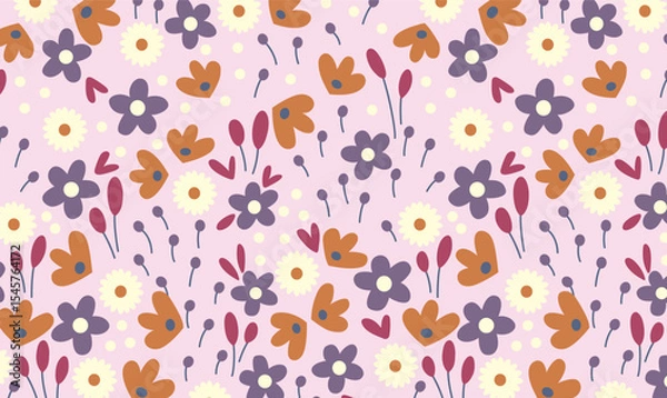 Fototapeta Cute Floral Seamless Pattern on Pink Background – Playful Hand-Drawn Spring Flowers Design.