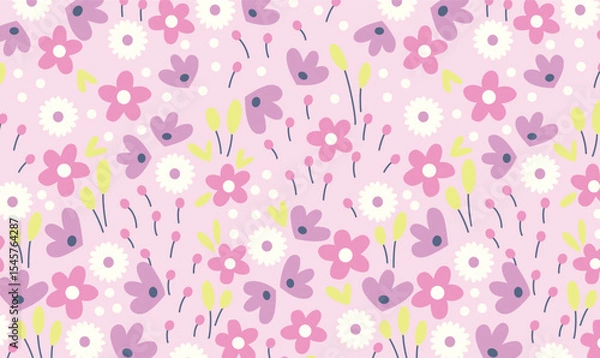 Fototapeta Cute Spring Floral Seamless Pattern on Soft Pink Background – Hand-Drawn Pastel Flower Design.