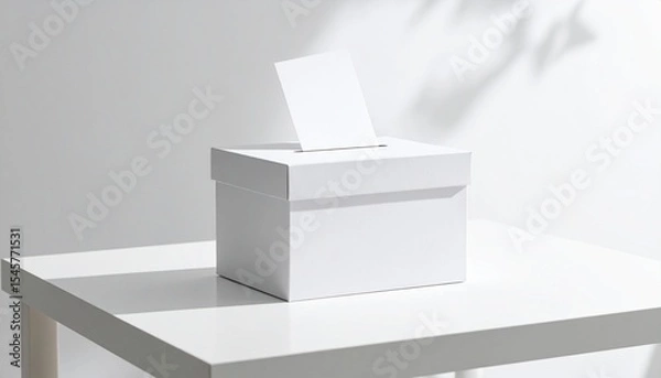 Fototapeta 白を基調としたマットな背景に配置された投票箱と用紙が選挙の本質を表現

