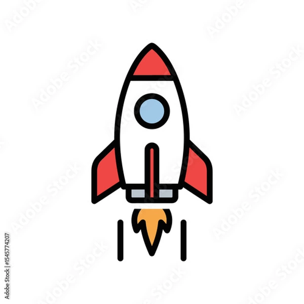 Fototapeta Simple red rocket icon in cartoon flat style, ideal for kids, space learning, or futuristic technology themes.