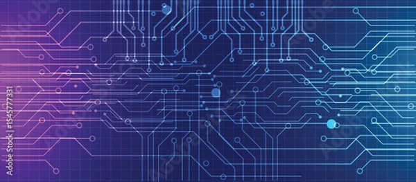Obraz Abstract digital circuit board background with neon blue and purple lines for technology and innovation themes.