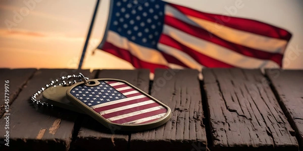 Obraz Dog tags on weathered wood with flag at sunset

