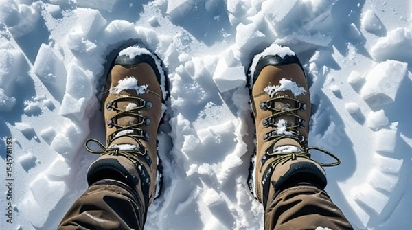 Fototapeta Close-up of hiker's brown winter boots in deep fresh snow during cold mountain trek in sunlight. Rugged outdoor footwear and footprints in icy conditions.