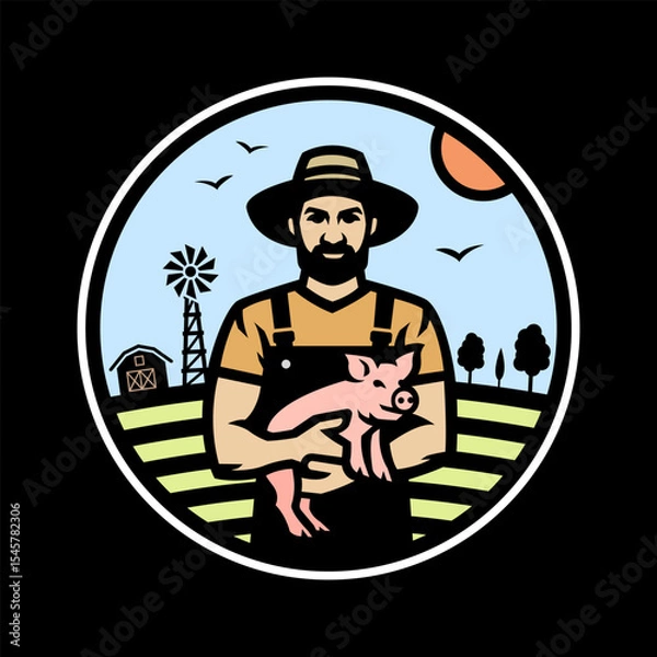 Obraz A farmer holding a piglet in his hands against the background of a farm. Logo, emblem on dark background.