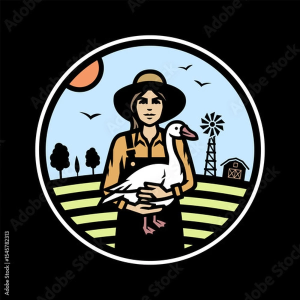 Obraz A girl farmer with a goose in her hands against the background of a farm. Logo, emblem on dark background.