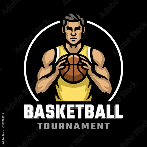 Obraz Logo of a basketball player with a ball in his hands on dark background.