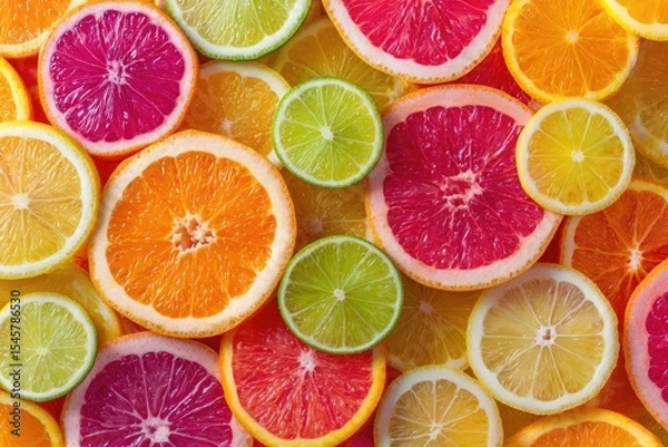 Fototapeta A vibrant close-up of numerous citrus fruit slices, including oranges, grapefruits, lemons, and limes, arranged in a colorful, overlapping pattern