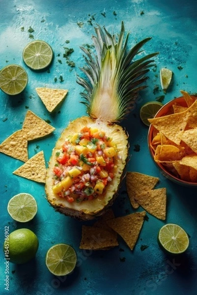 Fototapeta Pineapple half filled with vibrant mango salsa, surrounded by tortilla chips and lime wedges on a teal background