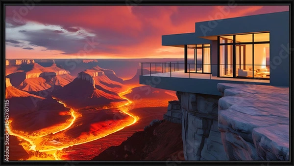 Obraz Sunset view of futuristic house above glowing lava

