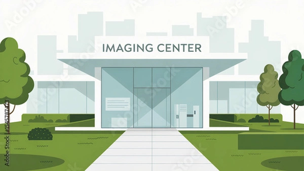 Fototapeta Building with a large window that says Imaging Center