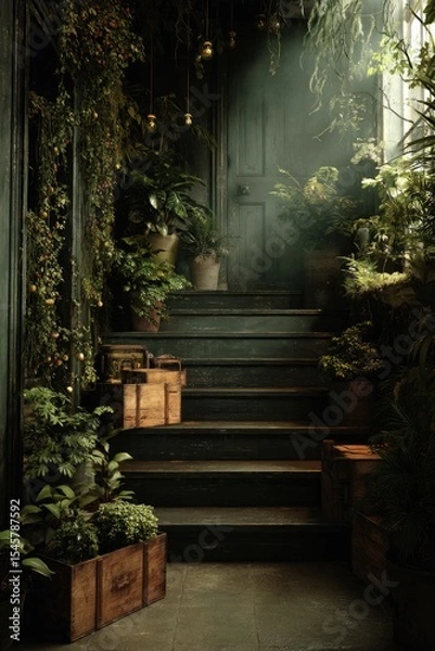 Fototapeta Dark, moody stairway draped in lush greenery, illuminated by soft light, wooden crates at base