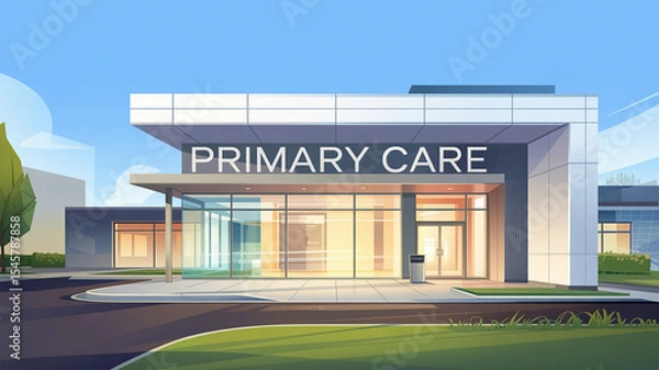 Fototapeta Large building with a sign that says Primary Care