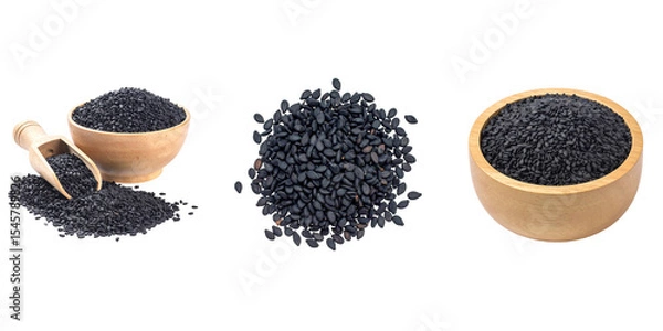 Obraz Black Sesame Seeds in Wooden Bowls and Scoop Isolated on Transparent Background