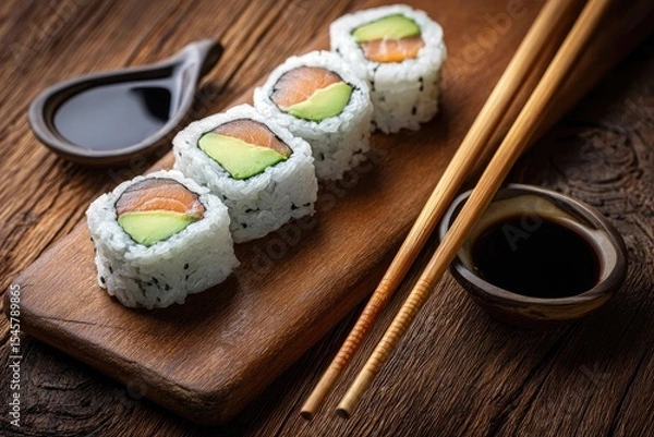 Fototapeta Four salmon avocado sushi rolls on a wooden board, accompanied by soy sauce and chopsticks