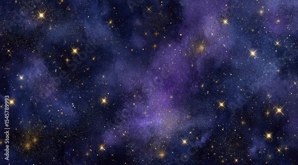 Fototapeta A cosmic canvas of swirling nebulae in deep blues and purples, speckled with countless golden stars, creating a celestial dreamscape