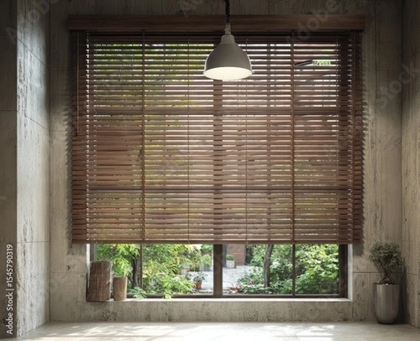 Fototapeta A large window with dark wood blinds, partially open, revealing a verdant outdoor scene.  A simple pendant light hangs above. Concrete walls and a small plant add to the minimalist aesthetic