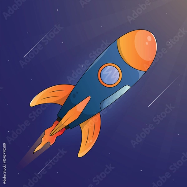 Obraz Cartoon rocket illustration with space background.