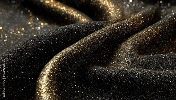 Fototapeta Draped black fabric with gold glitter, showing texture and subtle folds