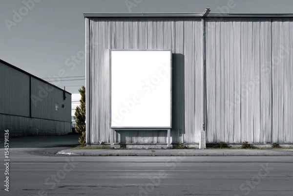 Fototapeta A large blank billboard mounted on a corrugated metal building stands in a desolate urban setting
