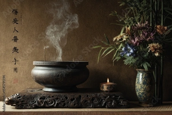 Fototapeta Dark bronze incense burner with swirling smoke, rests on ornate wooden stand beside a vase of flowers and a small candle, set against a muted brown background