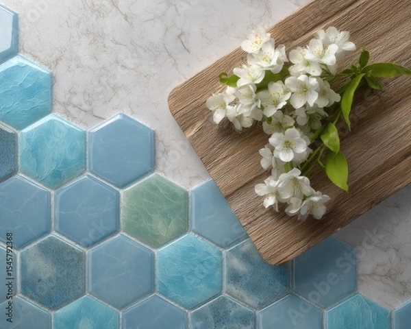 Fototapeta Overhead view of light blue hexagonal tiles, a wooden board with delicate white blossoms, and a marble countertop