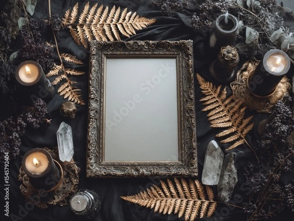 Fototapeta Ornate antique frame centered on dark fabric, surrounded by candles, crystals, dried foliage, and occult-themed objects
