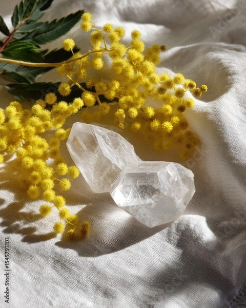 Fototapeta Double-terminated clear quartz crystal rests on white fabric, accompanied by vibrant yellow mimosa blossoms in sunlight