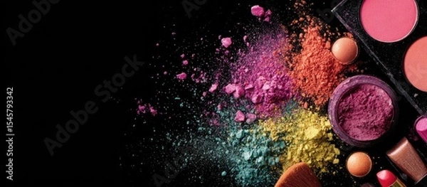 Fototapeta Vibrant makeup powder explosion against a black background, showcasing various shades and textures of eyeshadow, blush, and other cosmetics with brushes and compact cases