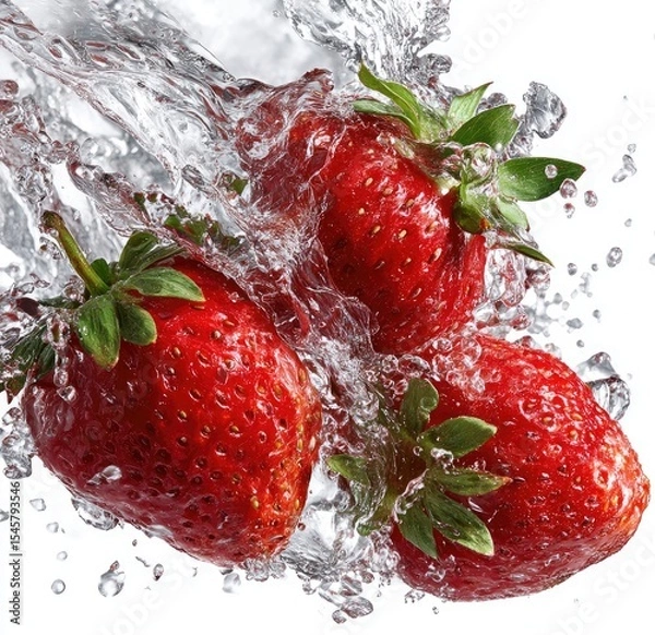 Fototapeta Three ripe red strawberries splash into clear water, creating dynamic droplets and a sense of freshness