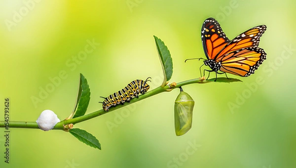 Obraz Monarch butterfly life cycle stages on branch with caterpillar chrysalis