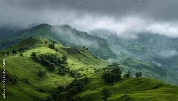 Fototapeta Misty, verdant hills roll under a brooding, gray sky; scattered trees dot the lush landscape