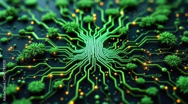 Obraz green tech carbon neutral electric concept Abstract circuit design with green elements and organic shapes.
