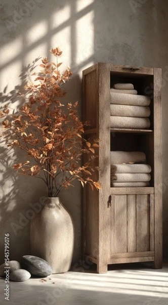 Fototapeta Sunlit room with rustic wooden cabinet holding neatly stacked towels, beside a vase of autumnal branches and stones