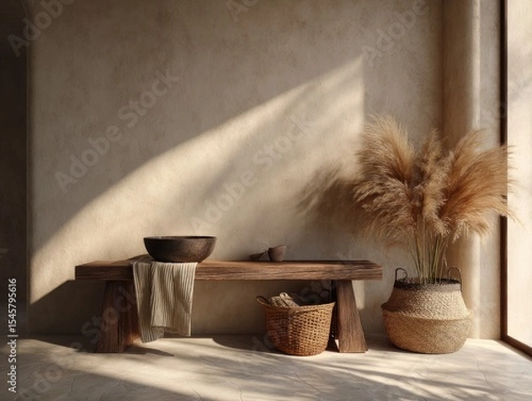 Fototapeta Sunlit minimalist room featuring a rustic wooden bench, woven baskets, pampas grass, and a dark bowl, all against a textured beige wall