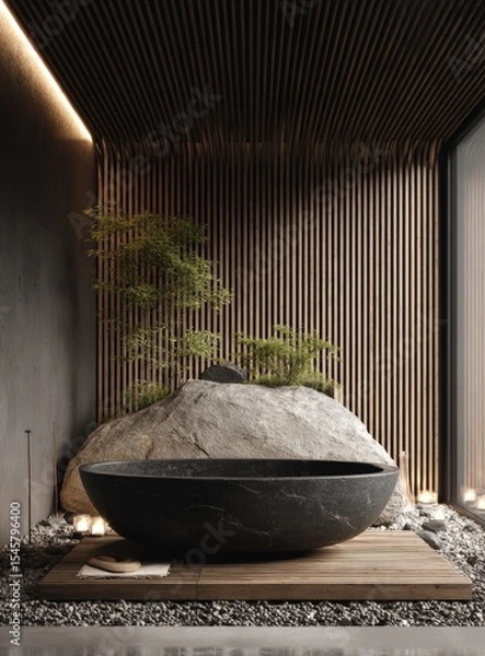 Fototapeta Tranquil, minimalist bathroom featuring a dark stone freestanding tub nestled within a rock garden, accented by wood slats and ambient lighting