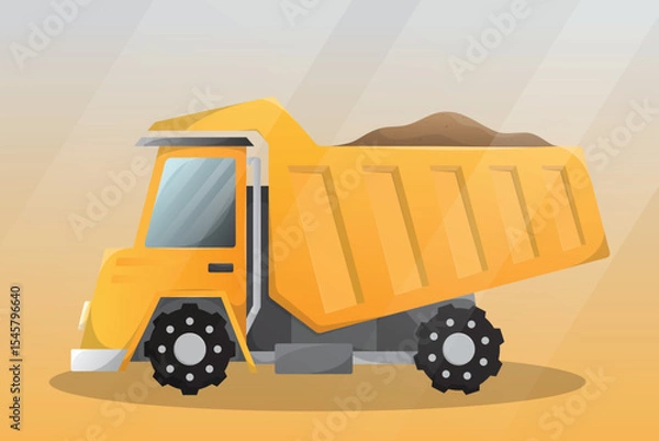Obraz Dump truck tipper illustration. Heavy industrial machinery equipment vehicle. Truck for transportation of construction goods. Mechanism with large capacity for delivery of bricks. Yellow mining car.