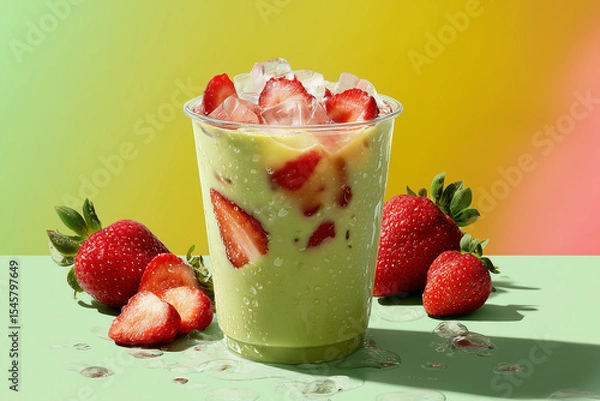 Fototapeta Refreshing iced avocado smoothie with fresh strawberry slices in a clear cup, surrounded by ripe strawberries on a colorful gradient background.