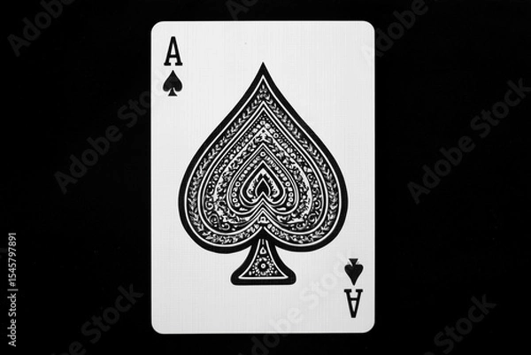 Fototapeta Ace of Spades playing card with an ornate black spade symbol, isolated on a black background for a dramatic, high-contrast look.