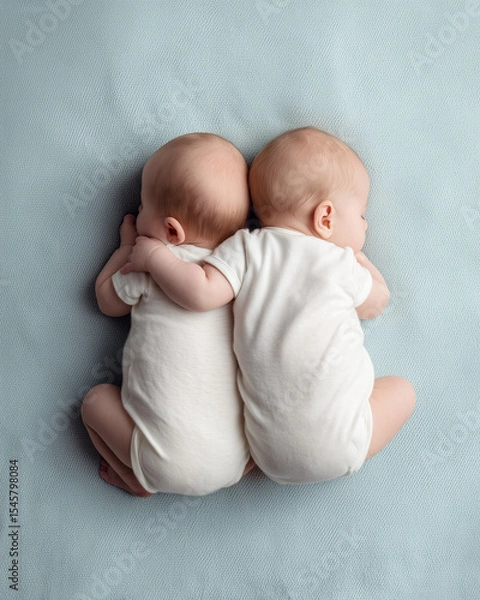 Fototapeta Adorable newborn twins lying on a soft pastel blanket, curled up side by side in matching white onesies.