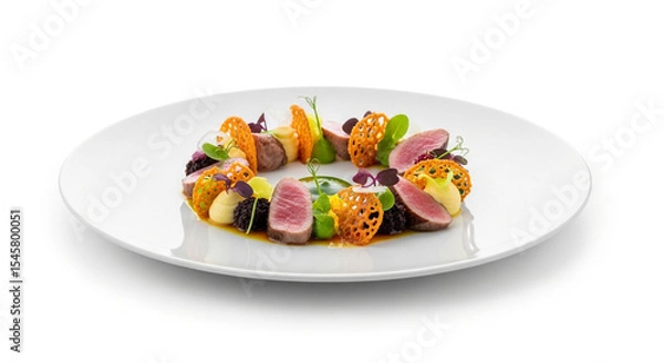 Fototapeta Gourmet Seared Tuna Steak with Carrot and Beetroot Garnish