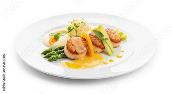Fototapeta Pan-Seared Scallops with Creamy Sauce, Asparagus, and Mashed Cauliflower