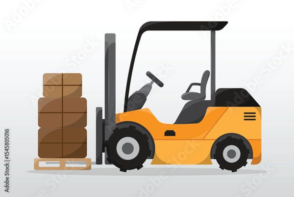 Obraz Side view cartoon forklift illustration. Forklift with fork extensions industrial cargo logistic lift. Freight machine transportation warehouse and construction service vehicle.