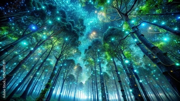 Fototapeta Enchanted Forest at Night Luminescent Trees and a Sparkling Celestial Canopy Above