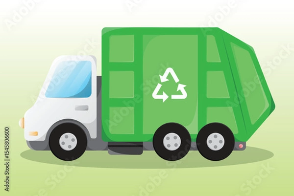 Obraz Side view cartoon garbage truck illustration. Trash recycling and reuse. Caring for environment, nature and ecology, reducing release of hazardous waste.