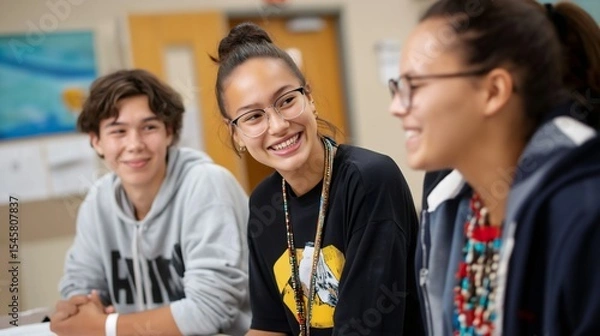 Fototapeta Three Indigenous youth participate in an interactive session focused on culturally relevant teachings. Their expressions reflect joy and connection as they collaborate