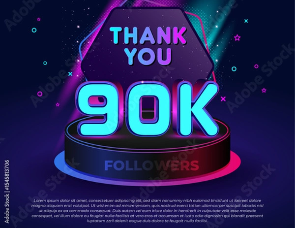 Fototapeta Thank you! 90K followers celebration banner with neon glow 3D text effect, colorful lights, modern podium stage, and editable vector design for social media milestones.