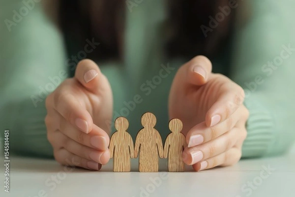 Obraz Hands gently protecting wooden cutout figures of a family, symbolizing care, safety, and support.
