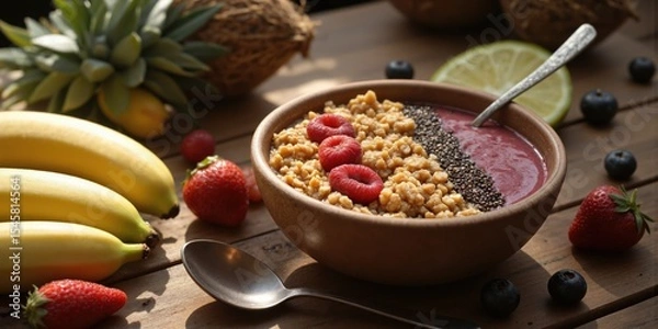 Fototapeta Chilled Smoothie Bowls, Refreshing Breakfast, Healthy Start A vibrant smoothie bowl topped with granola, chia seeds, and fresh berries, served
