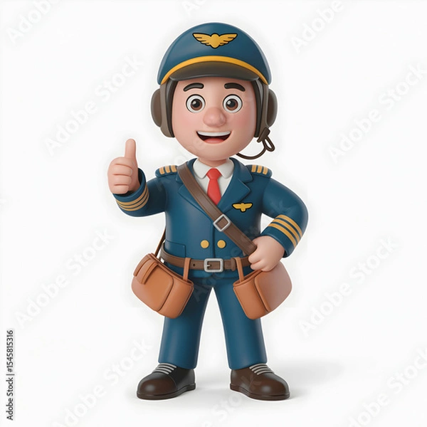 Obraz Cheerful 3 D Cartoon Pilot Thumbs Up Blue Uniform aviator