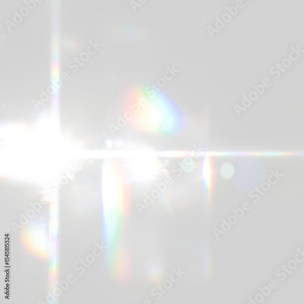 Fototapeta Prominent lens flare with colourful scattered light streaks and reflections on transparent background